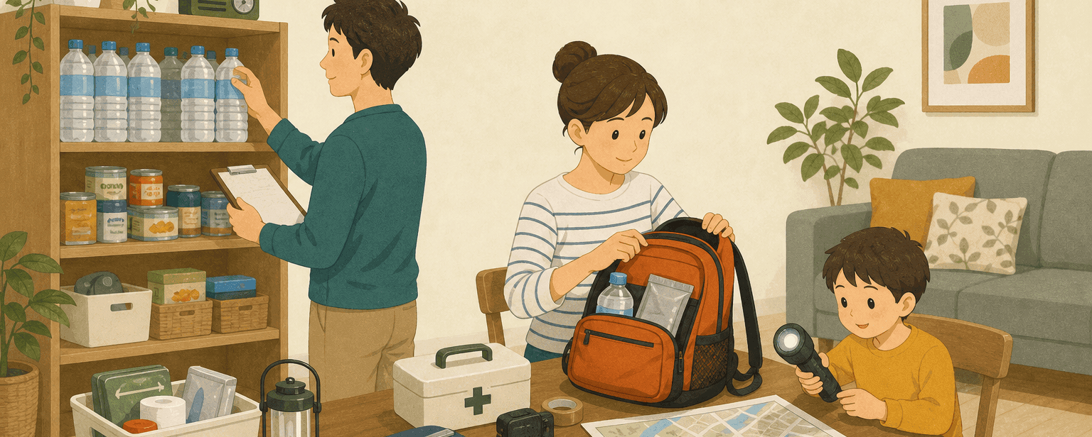 リビングで備蓄品と持ち出し袋を確認する家族
