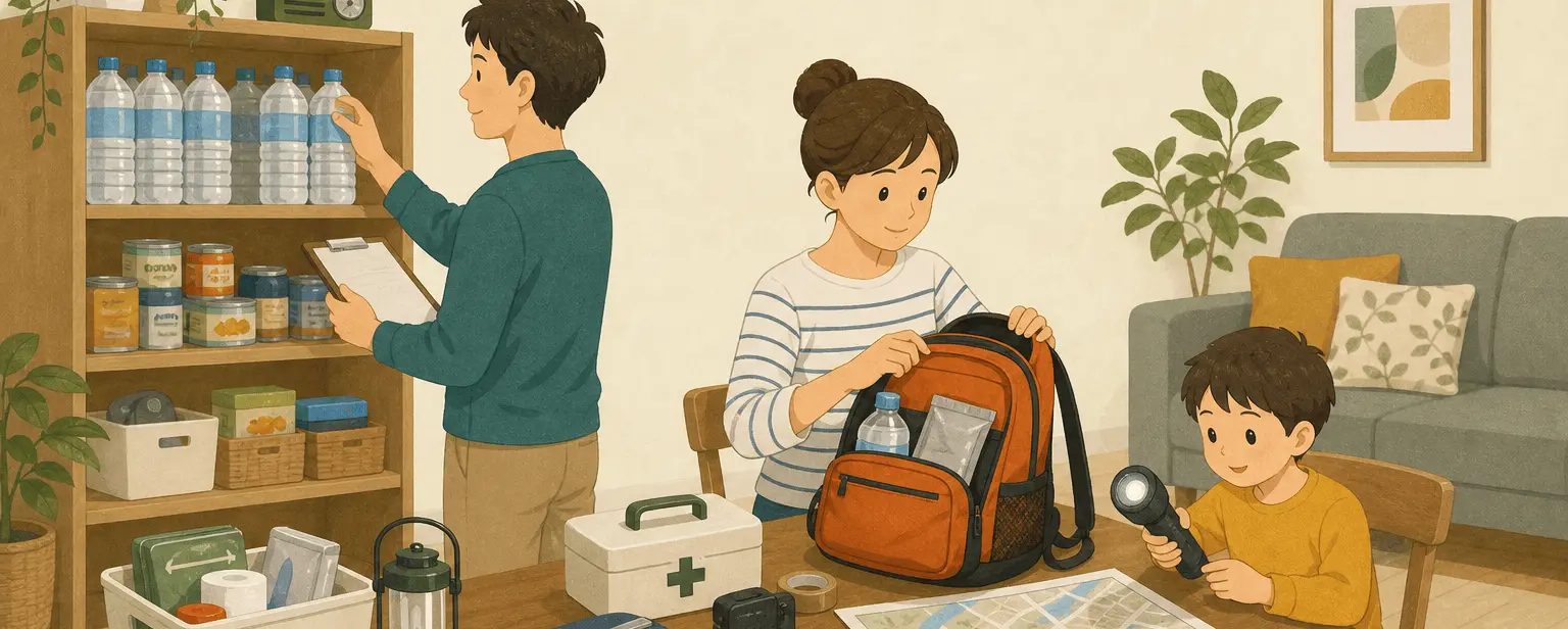 リビングで備蓄品と持ち出し袋を確認する家族